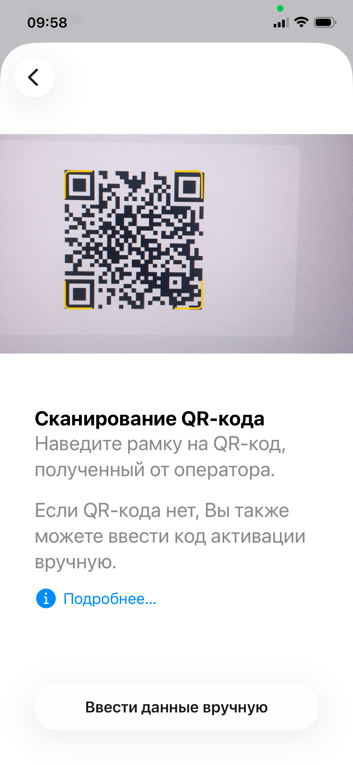 Наведите рамку на QR-код. Если кода нет — нажмите «Ввести данные вручную».